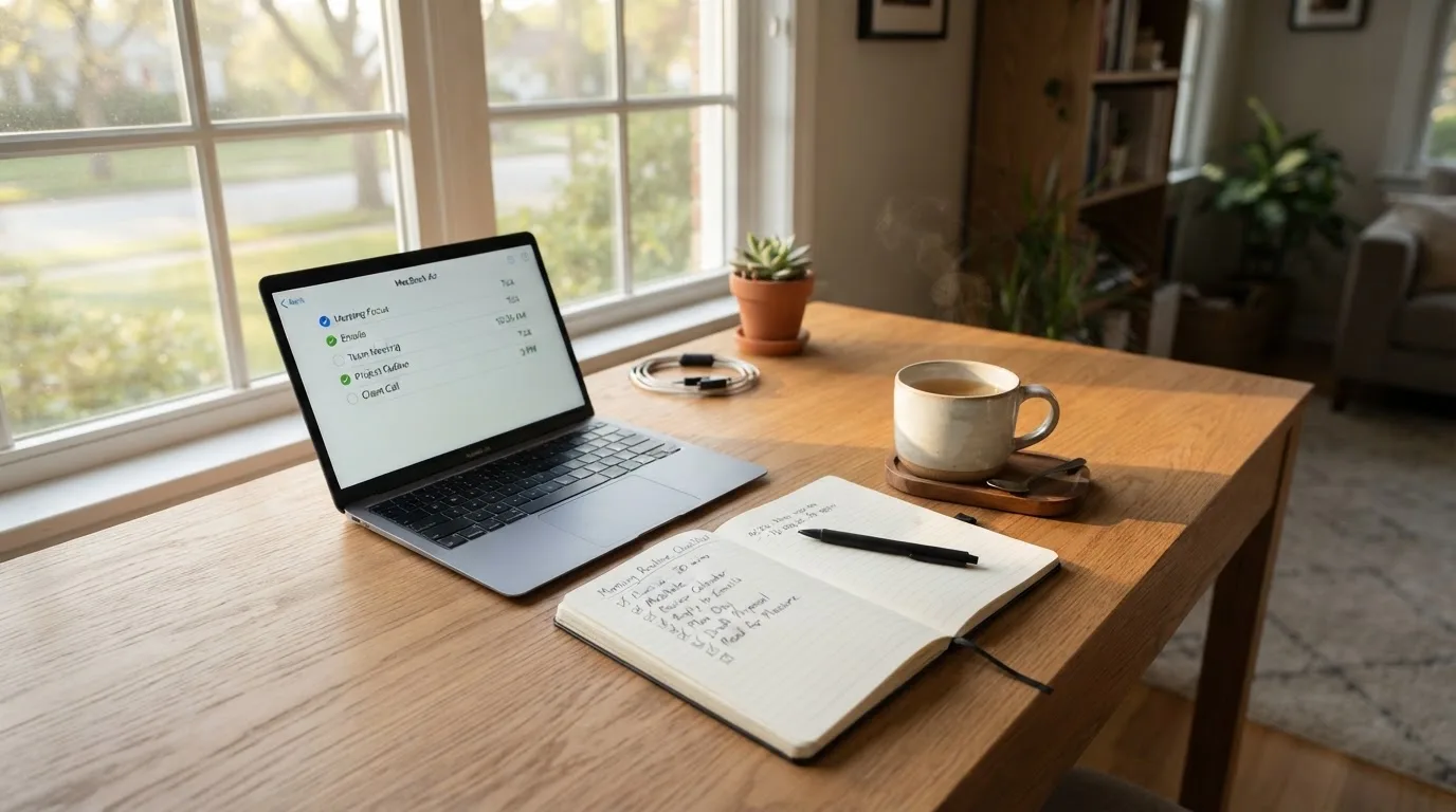 A tidy desk with a notebook, a mug of tea and a laptop open to a checklist, morning light through a window.