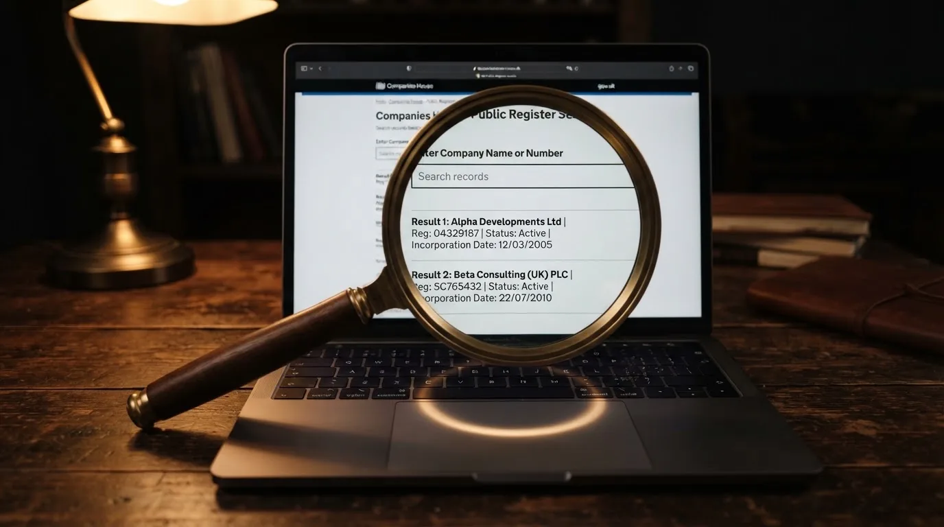 A magnifying glass rests over a printed regulatory certificate on a wooden desk.