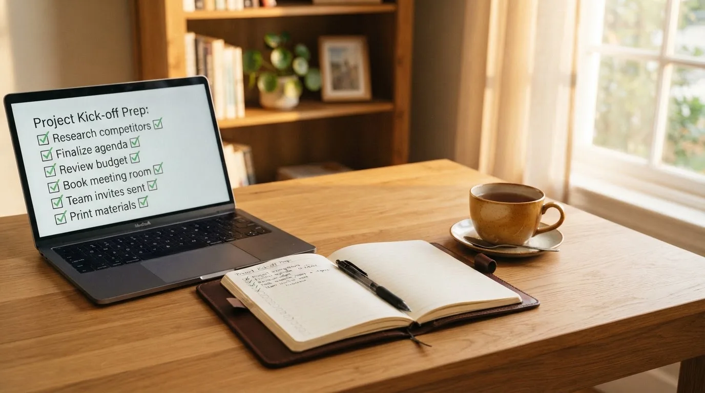A tidy desk with a notebook, a mug of tea and a laptop open to a checklist, morning light through a window.