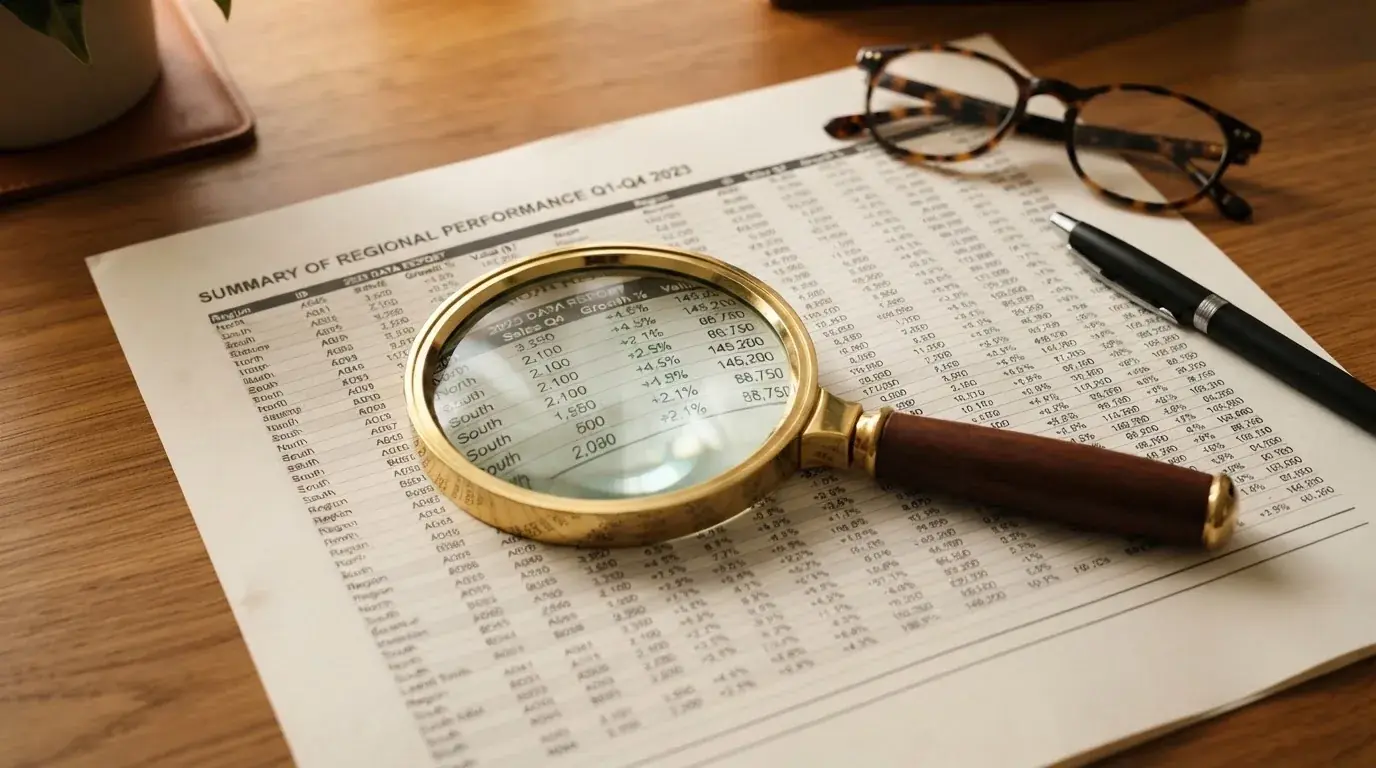 A magnifying glass rests over a printed regulatory certificate on a wooden desk.