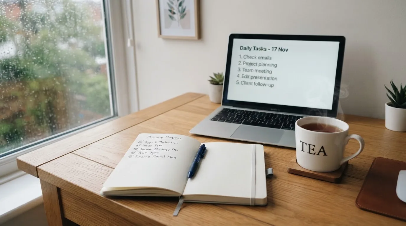 A tidy desk with a notebook, a mug of tea and a laptop open to a checklist, morning light through a window.