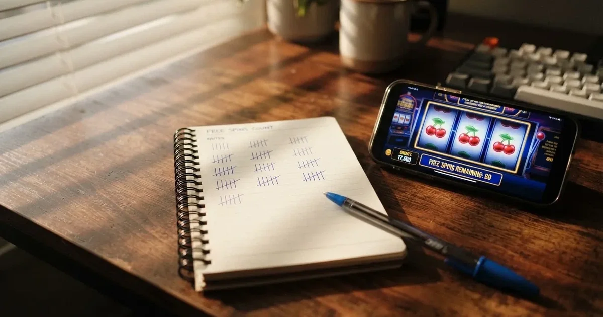 A notepad with a tally of spin counts rests beside a smartphone displaying a slot-reel icon on a desk.