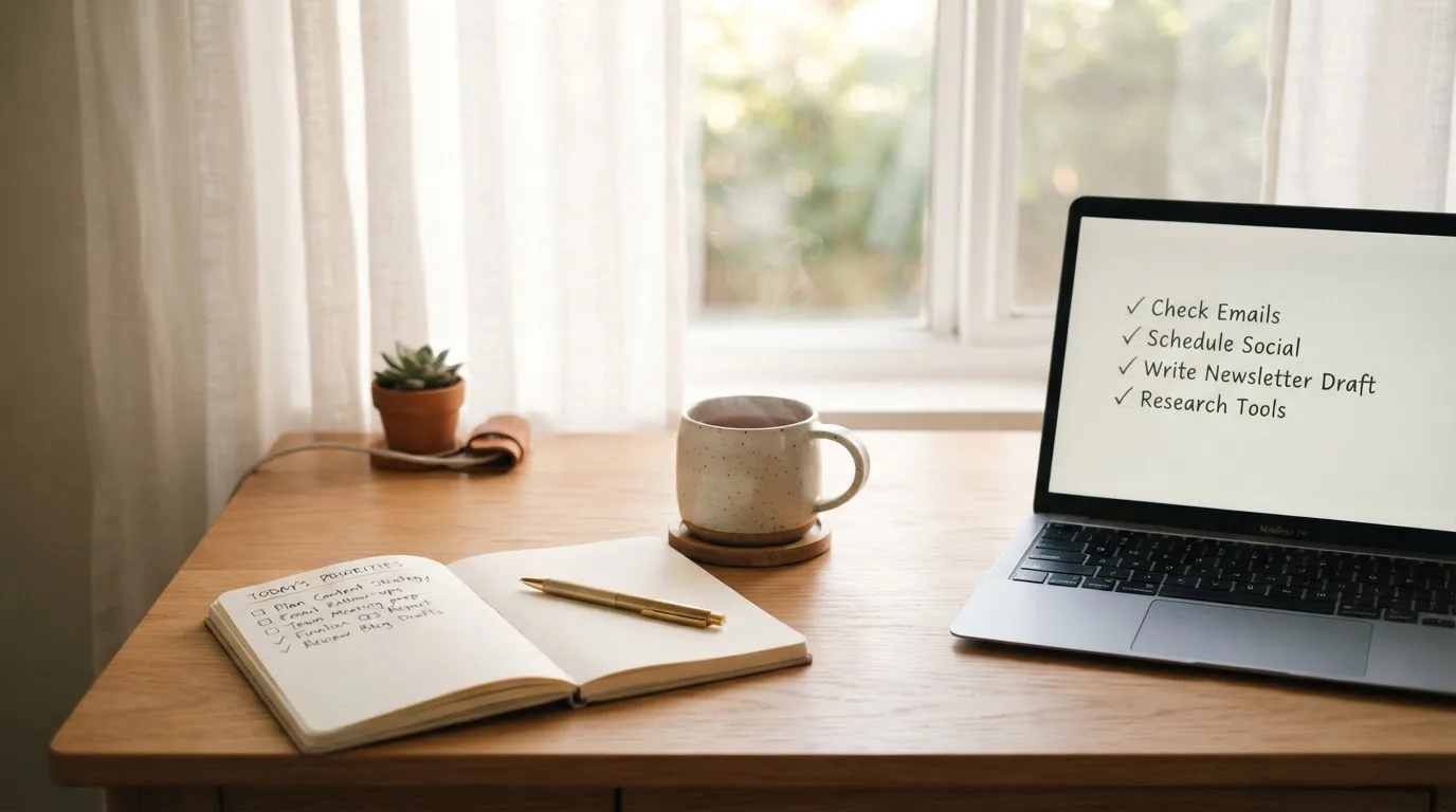 A tidy desk with a notebook, a mug of tea and a laptop open to a checklist, morning light through a window.