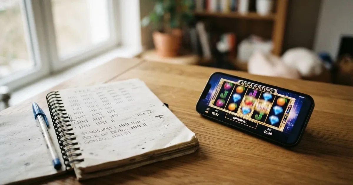 A notepad with a tally of spin counts rests beside a smartphone displaying a slot-reel icon on a desk.
