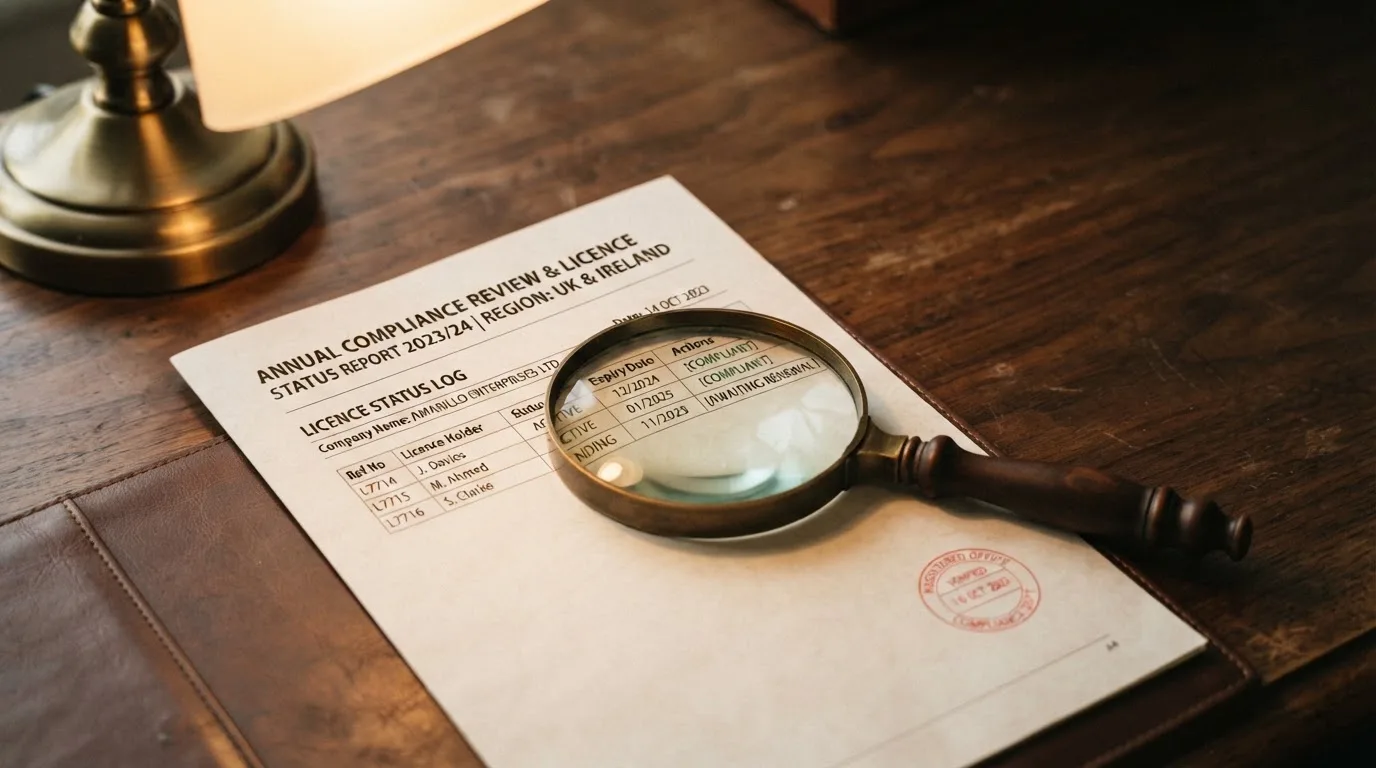 A magnifying glass rests over a printed regulatory certificate on a wooden desk.