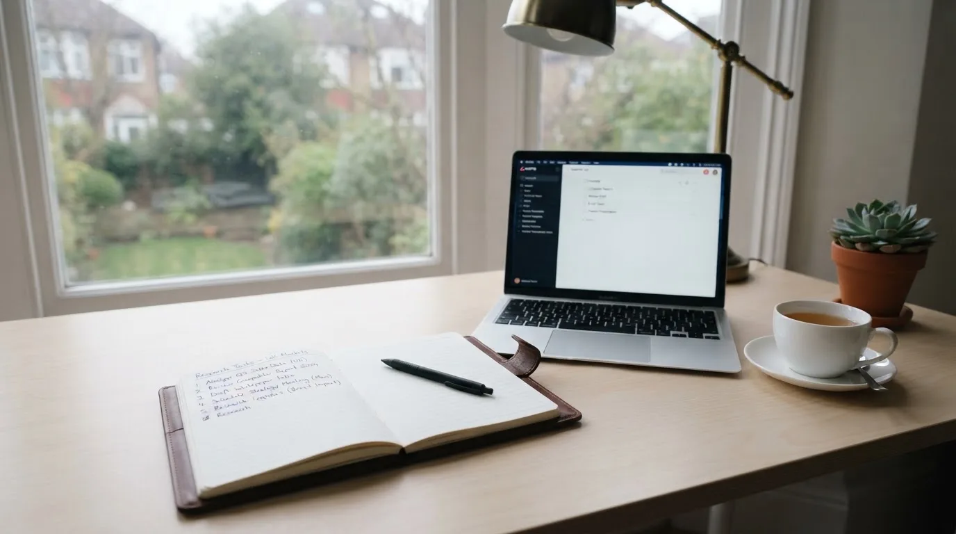 A tidy desk with a notebook, a mug of tea and a laptop open to a checklist, morning light through a window.