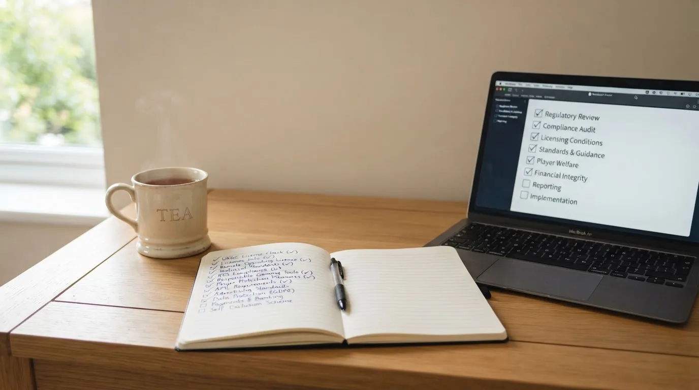 A tidy desk with a notebook, a mug of tea and a laptop open to a checklist, morning light through a window.