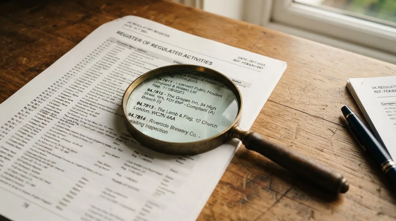 A magnifying glass rests over a printed regulatory certificate on a wooden desk.