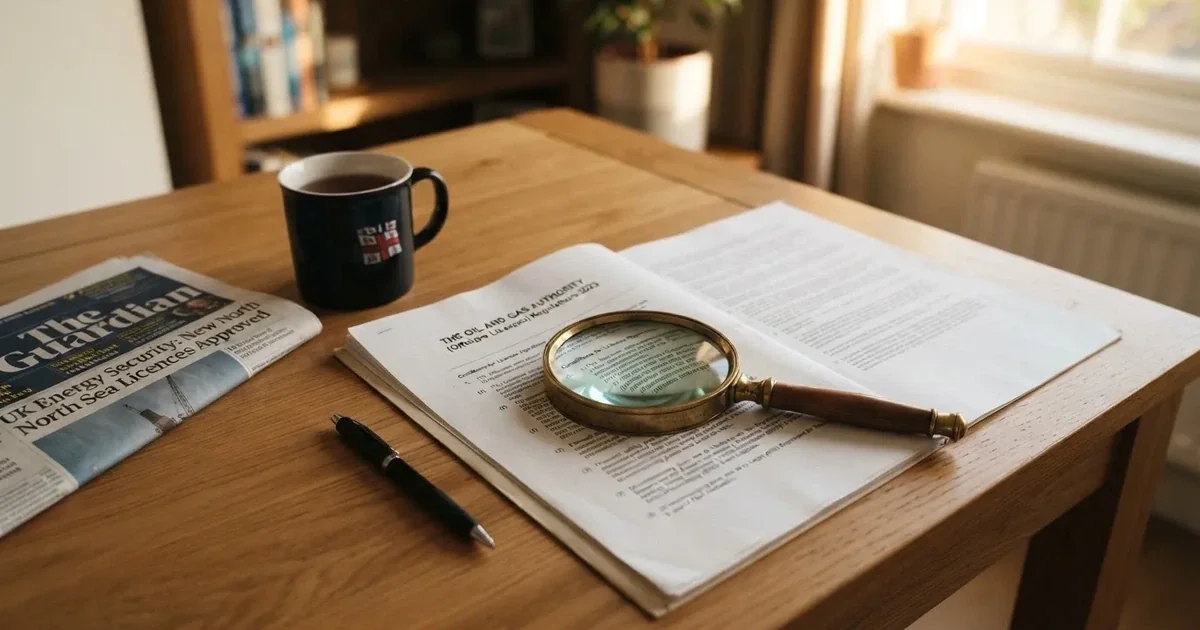 A magnifying glass rests over a printed offshore licence certificate on a wooden desk.