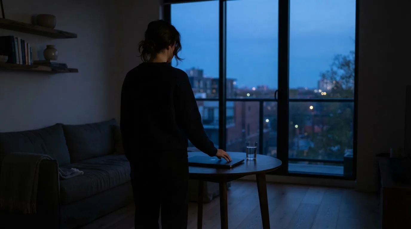 A person closes a laptop and looks out of a window at dusk, a glass of water on the table beside them.