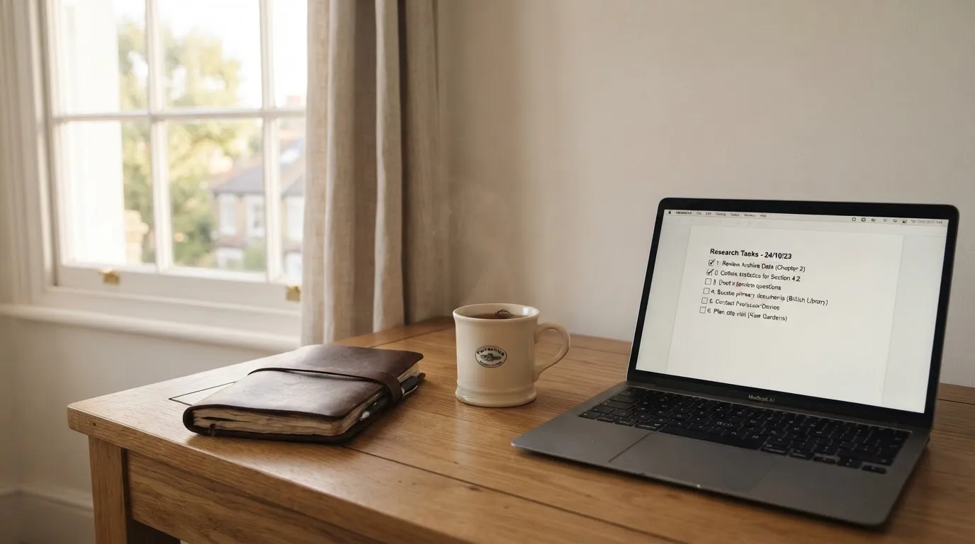 A tidy desk with a notebook, a mug of tea and a laptop open to a checklist, morning light through a window.