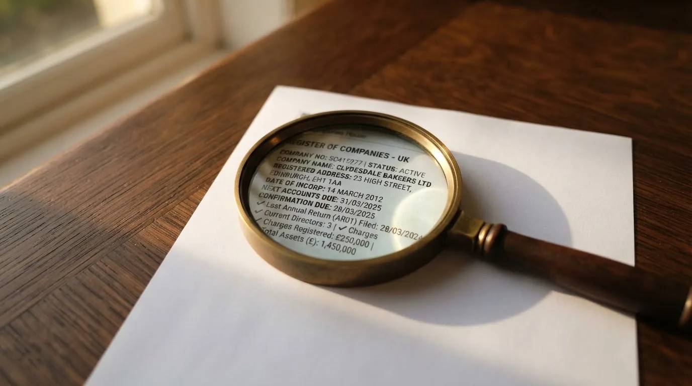 A magnifying glass rests over a printed regulatory certificate on a wooden desk.