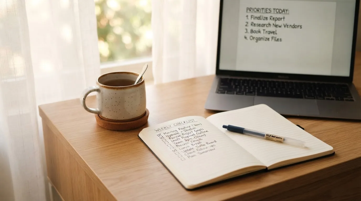 A tidy desk with a notebook, a mug of tea and a laptop open to a checklist, morning light through a window.