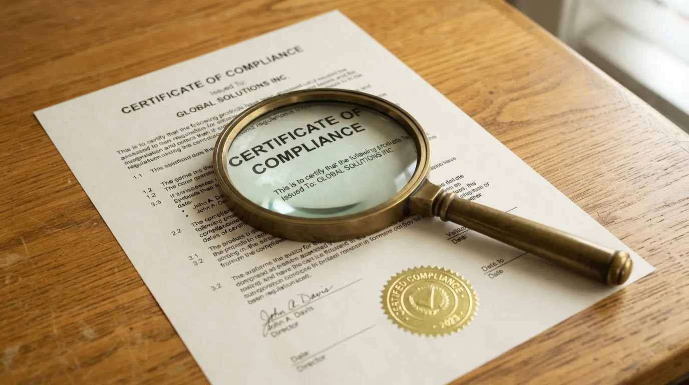 A magnifying glass rests over a printed regulatory certificate on a wooden desk.