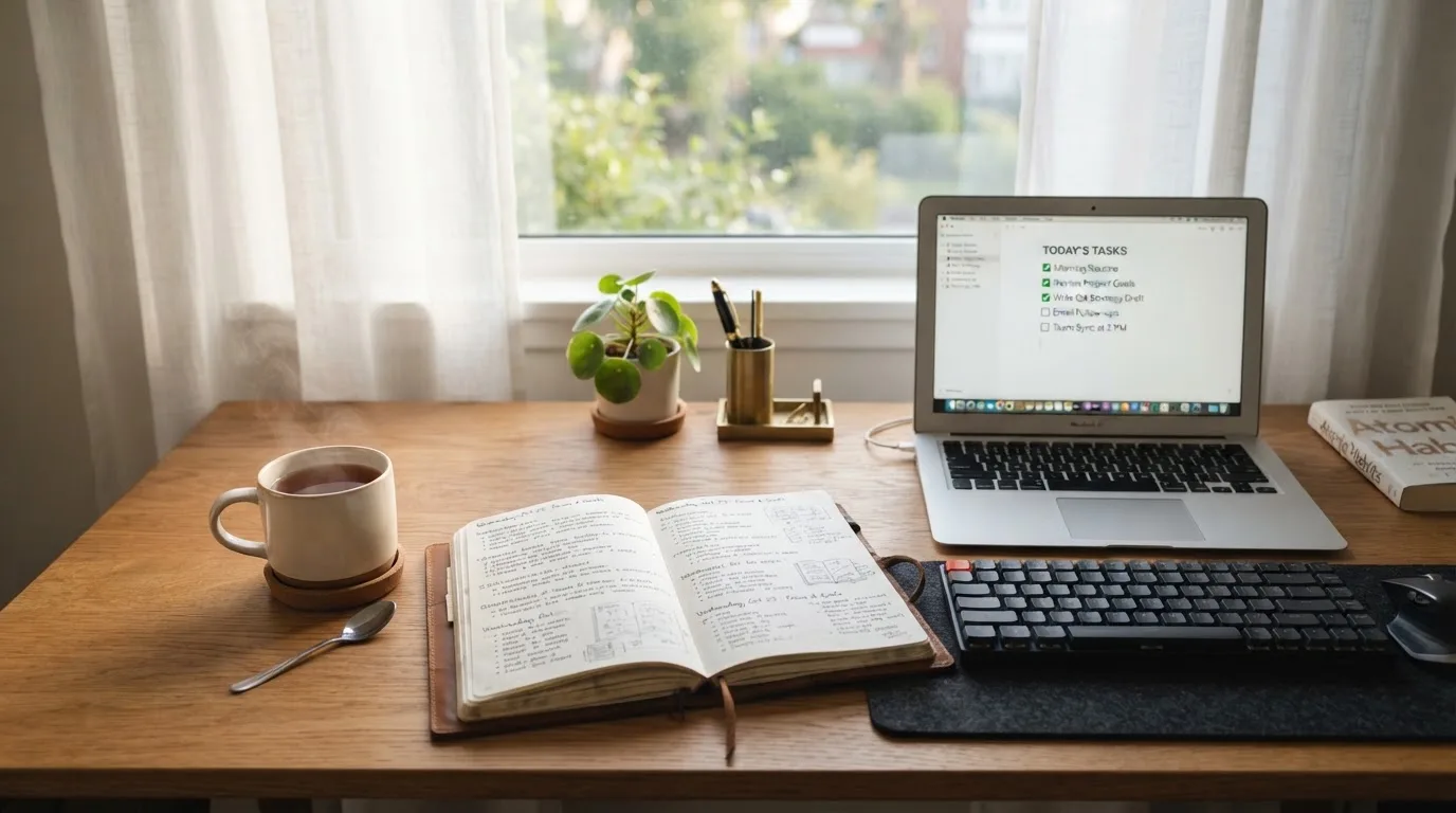 A tidy desk with a notebook, a mug of tea and a laptop open to a checklist, morning light through a window.