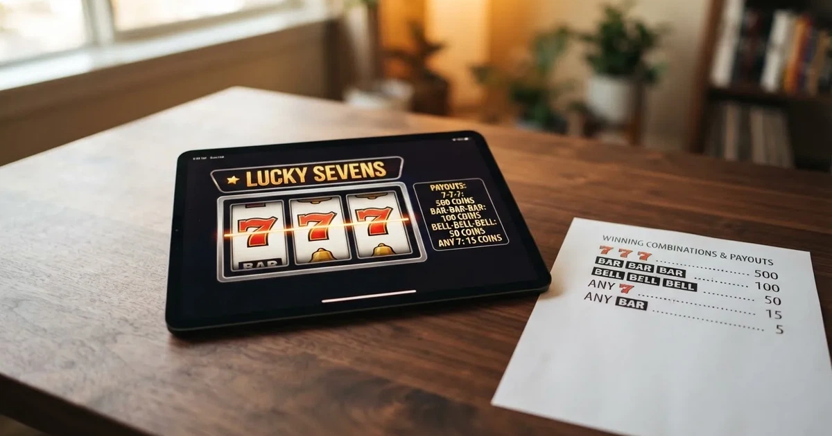 A tablet screen shows a simple three-reel slot layout with a payout chart beside it on a desk.