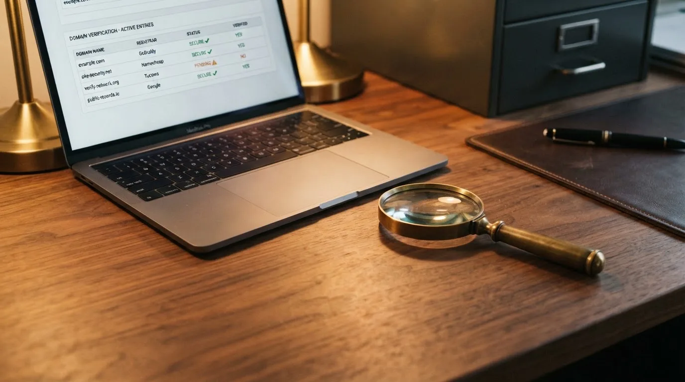 A magnifying glass rests over a printed regulatory certificate on a wooden desk.