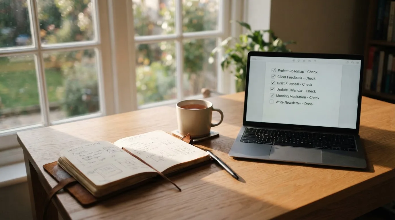 A tidy desk with a notebook, a mug of tea and a laptop open to a checklist, morning light through a window.