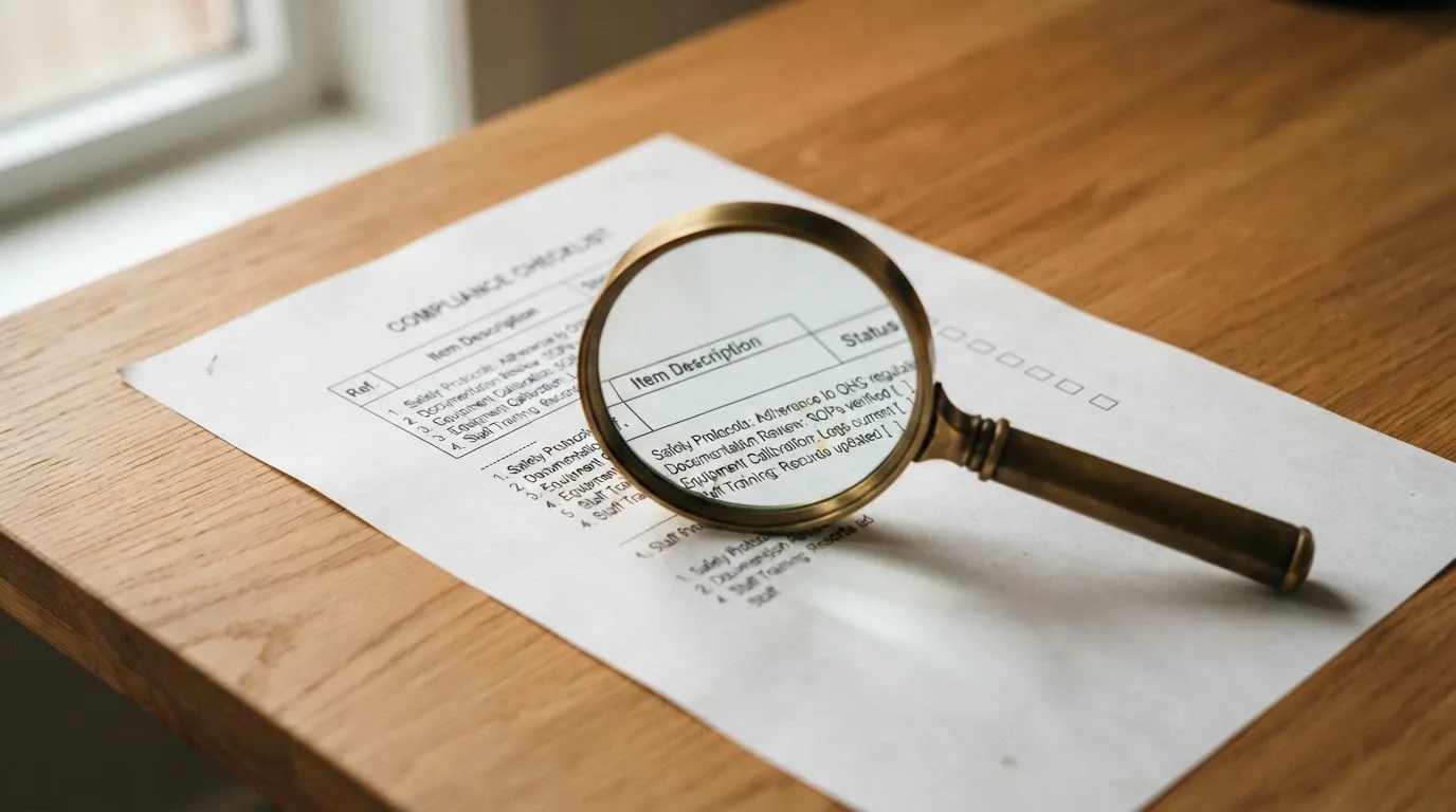A magnifying glass rests over a printed regulatory certificate on a wooden desk.