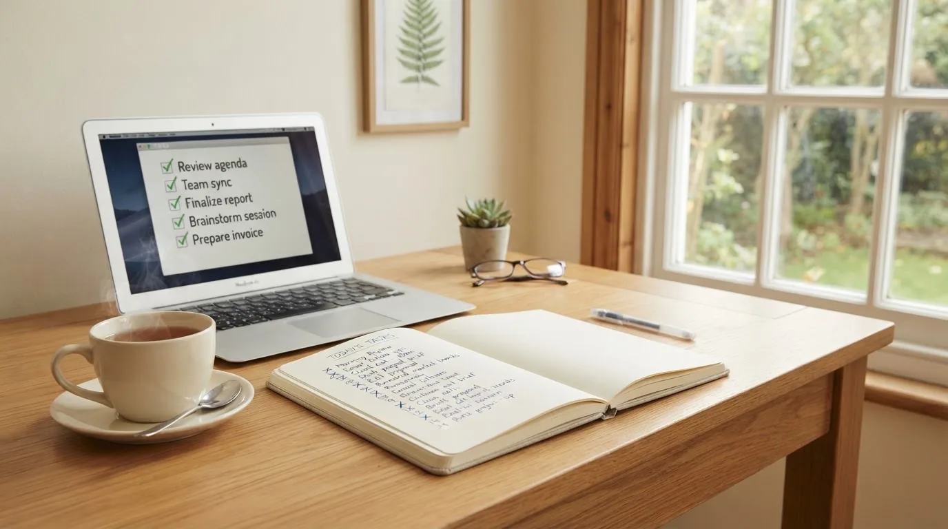 A tidy desk with a notebook, a mug of tea and a laptop open to a checklist, morning light through a window.