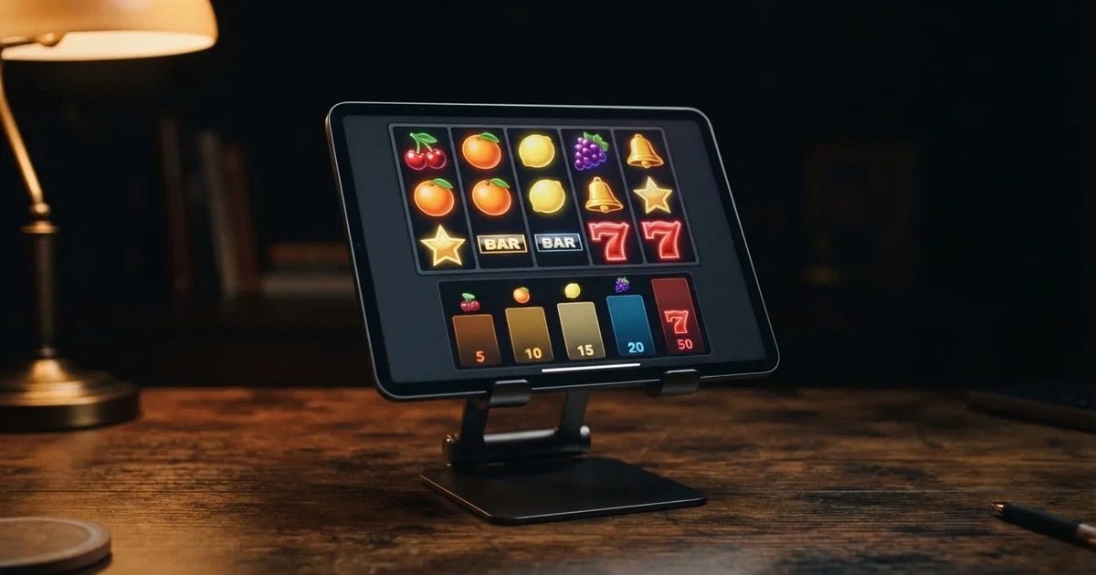 A tablet propped on a stand displays a grid of slot symbols and a payout chart in a dimly lit room.