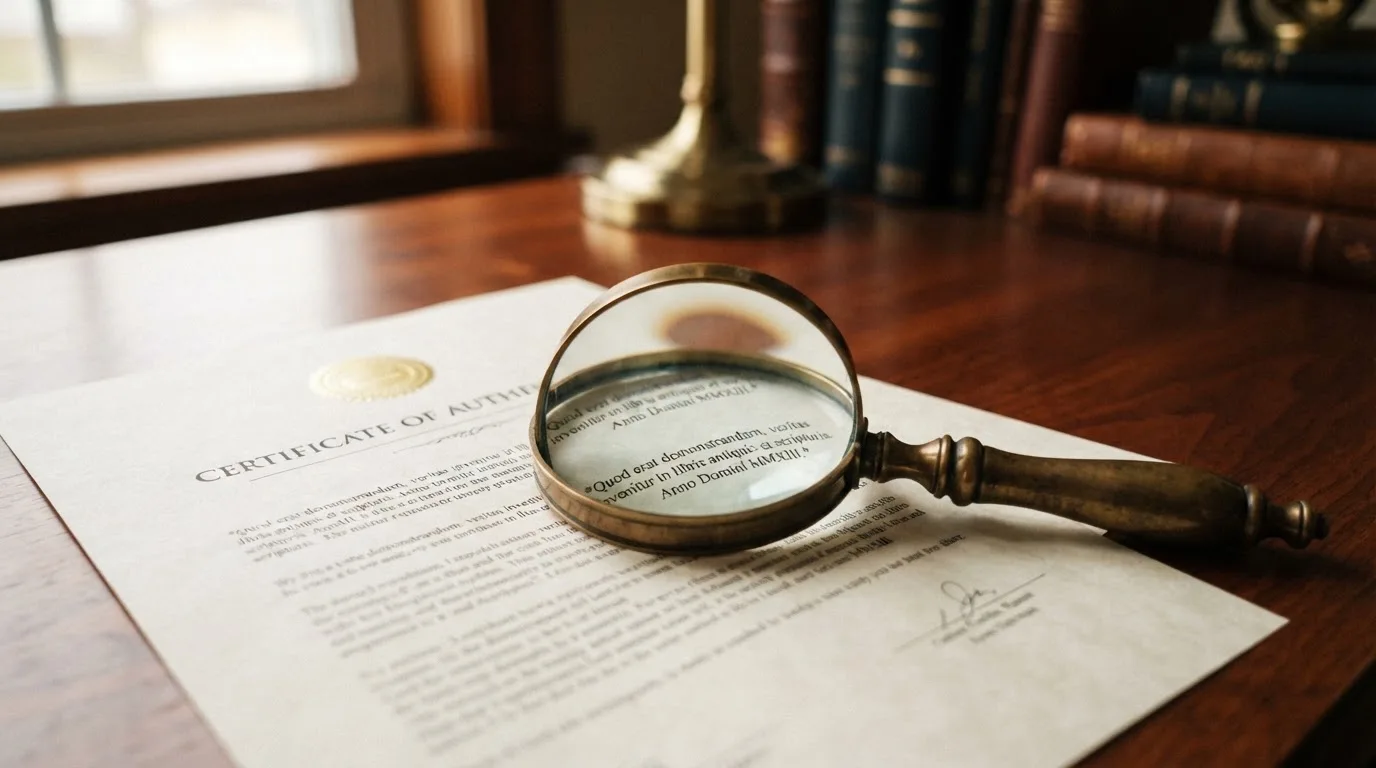 A magnifying glass rests over a printed regulatory certificate on a wooden desk.