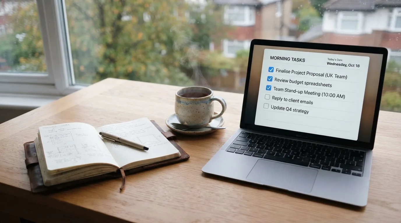 A tidy desk with a notebook, a mug of tea and a laptop open to a checklist, morning light through a window.