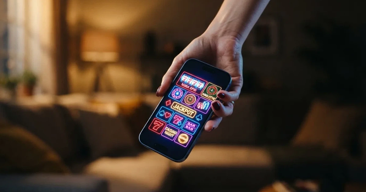 A close-up of a finger tapping a smartphone screen showing rows of casino-style app icons.