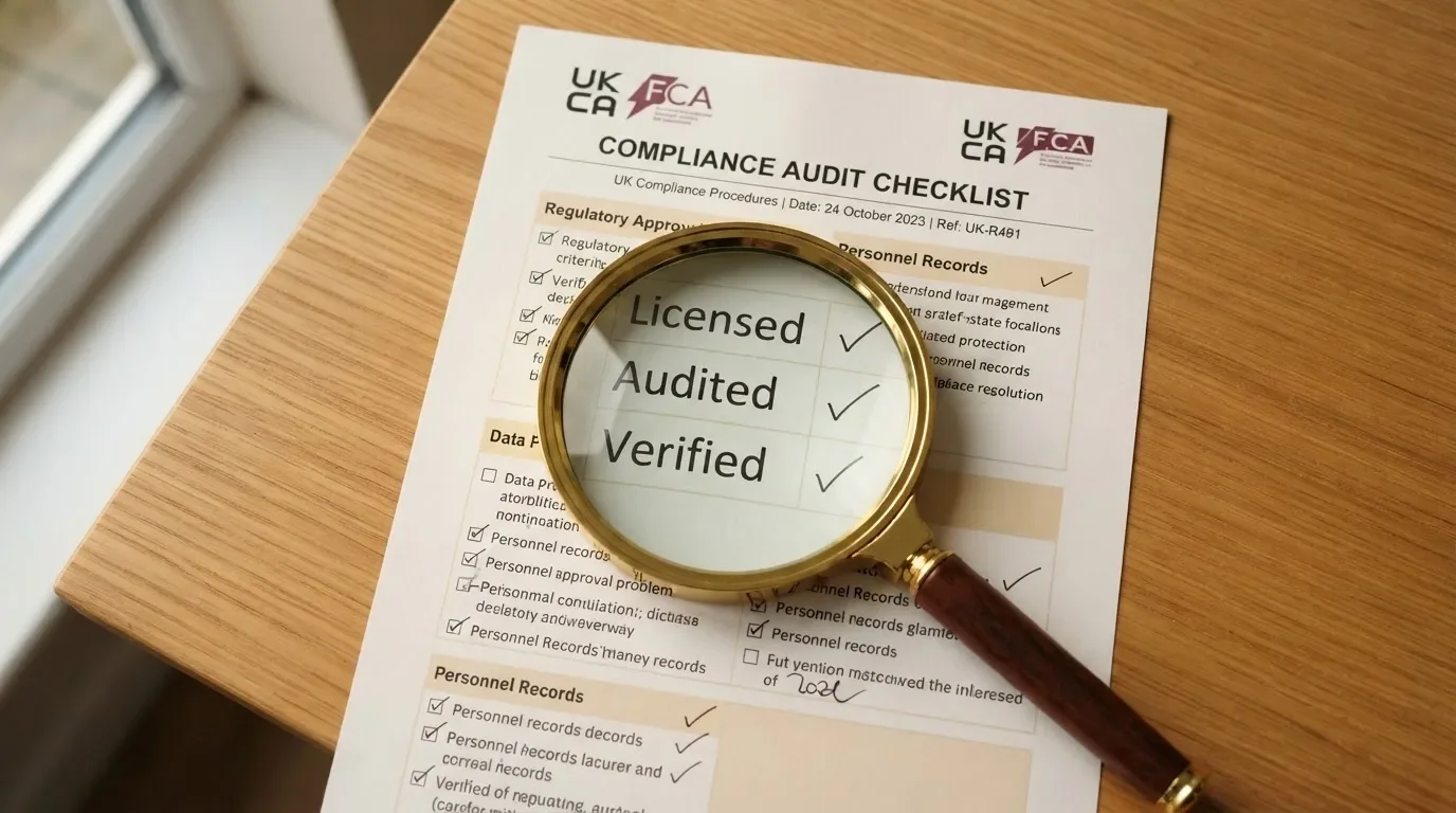 A magnifying glass rests over a printed regulatory certificate on a wooden desk.