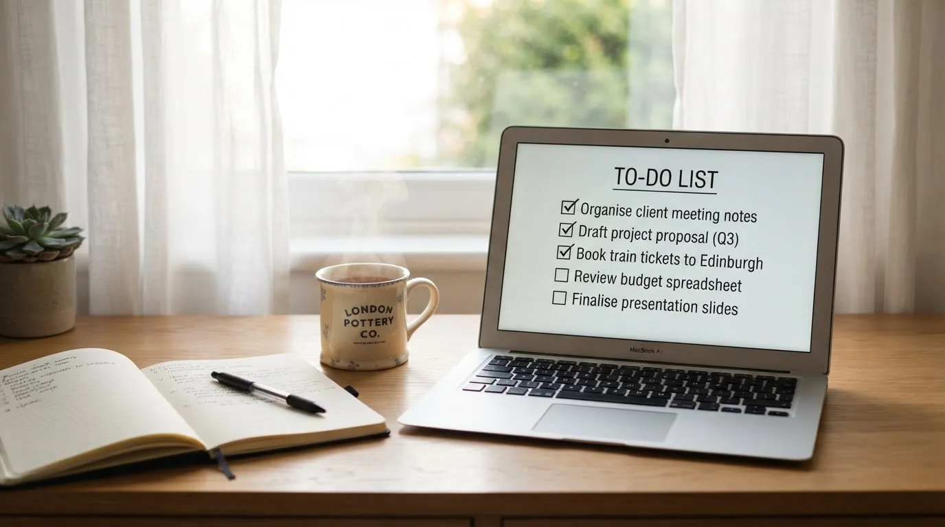 A tidy desk with a notebook, a mug of tea and a laptop open to a checklist, morning light through a window.