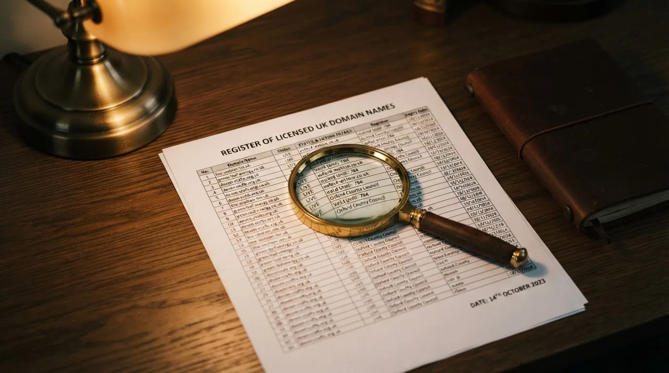 A magnifying glass rests over a printed regulatory certificate on a wooden desk.