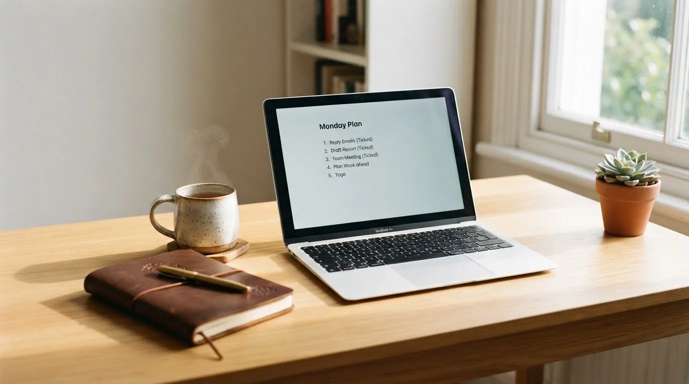 A tidy desk with a notebook, a mug of tea and a laptop open to a checklist, morning light through a window.