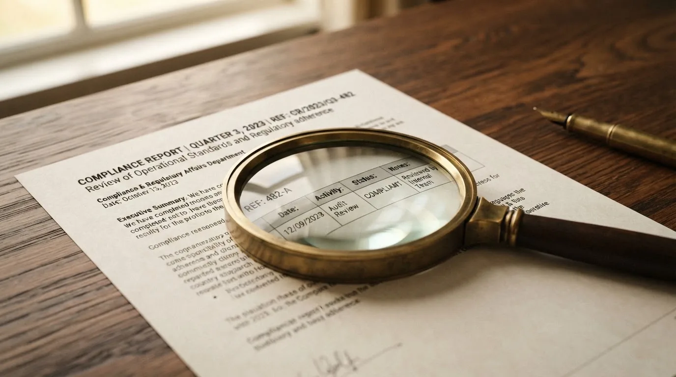 A magnifying glass rests over a printed regulatory certificate on a wooden desk.