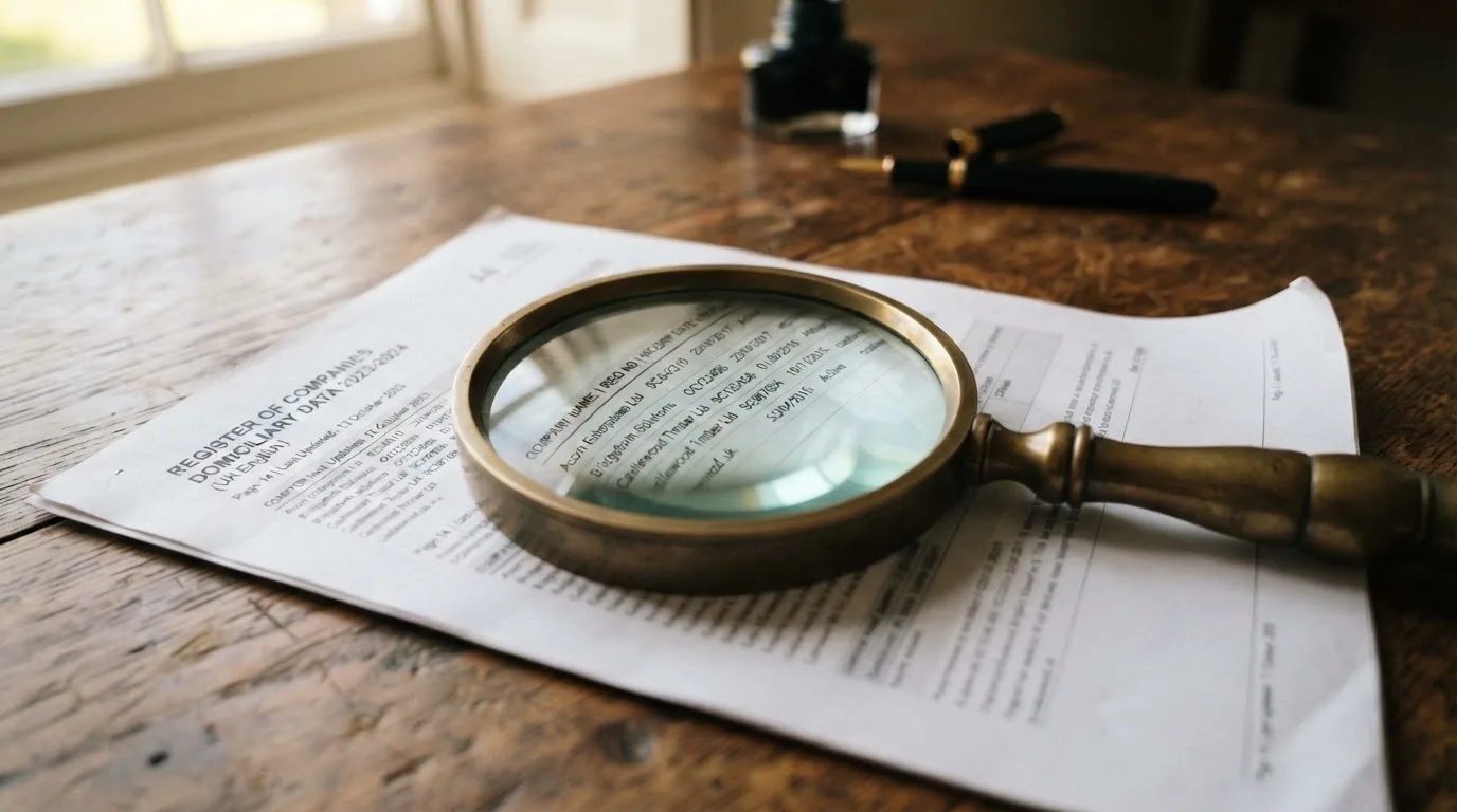 A magnifying glass rests over a printed regulatory certificate on a wooden desk.