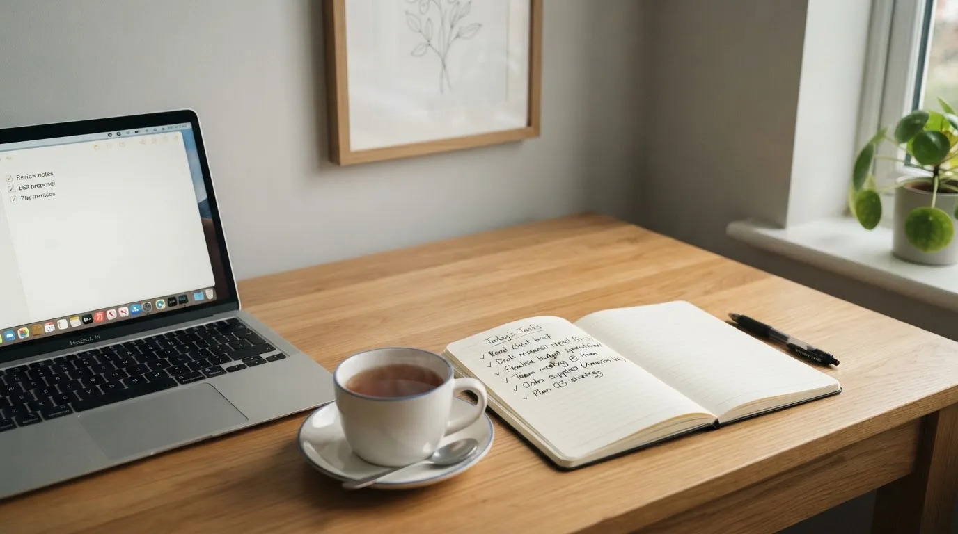 A tidy desk with a notebook, a mug of tea and a laptop open to a checklist, morning light through a window.