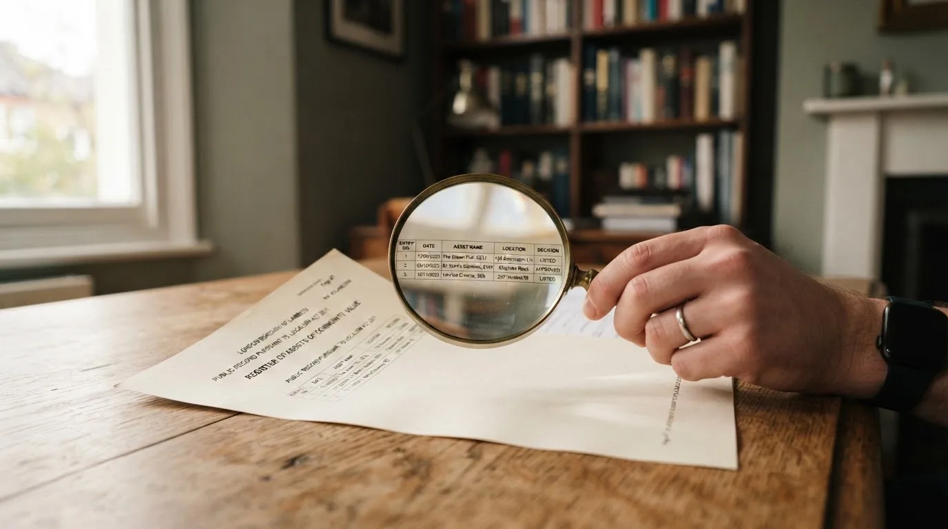 A magnifying glass rests over a printed regulatory certificate on a wooden desk.