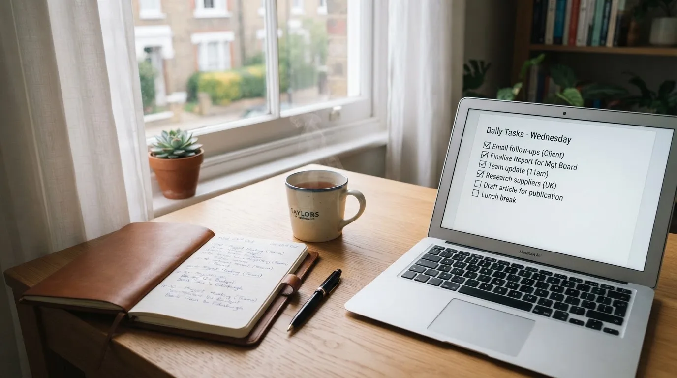 A tidy desk with a notebook, a mug of tea and a laptop open to a checklist, morning light through a window.