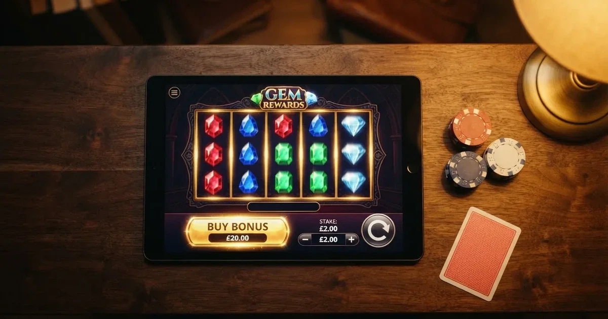 A tablet screen shows a slot's bonus-purchase button beside a stake amount field on a desk.