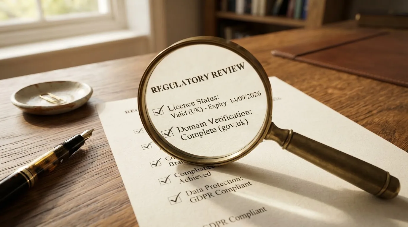 A magnifying glass rests over a printed regulatory certificate on a wooden desk.