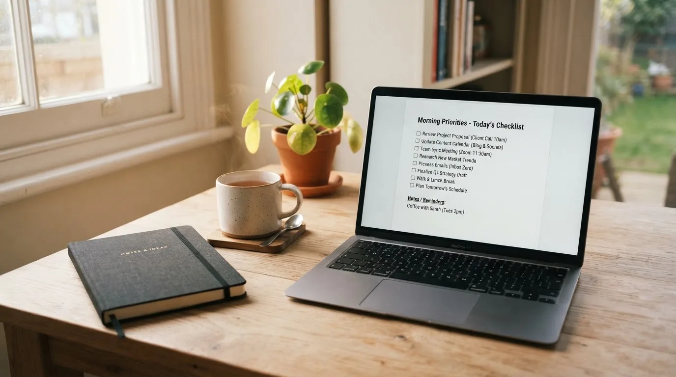 A tidy desk with a notebook, a mug of tea and a laptop open to a checklist, morning light through a window.