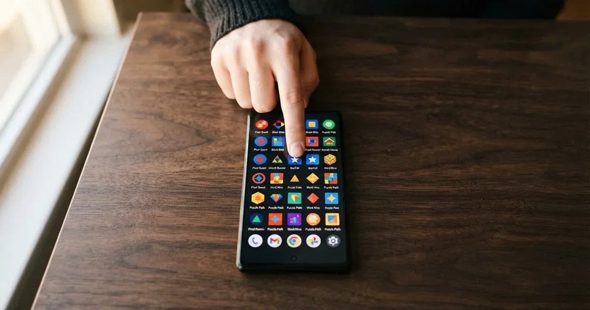 A close-up of a finger tapping a smartphone screen showing rows of app icons.