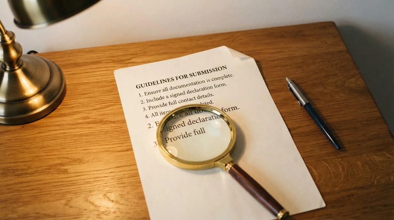A magnifying glass rests over a printed regulatory certificate on a wooden desk.