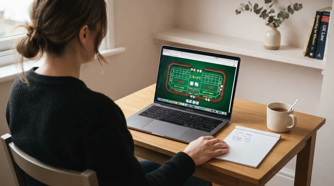 A laptop on a home desk showing a UK online casino comparison page open beside a notepad, with a craps table layout diagram on a laptop visible in a browser tab list