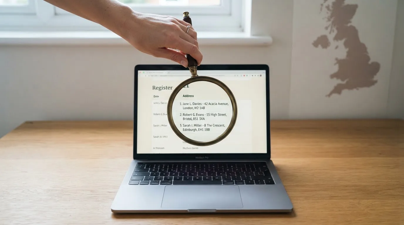 A magnifying glass held over a printed gambling licence certificate on a desk, with a UK map faintly visible in the background