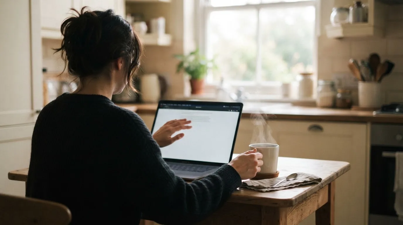 A person closing a laptop beside a cup of tea