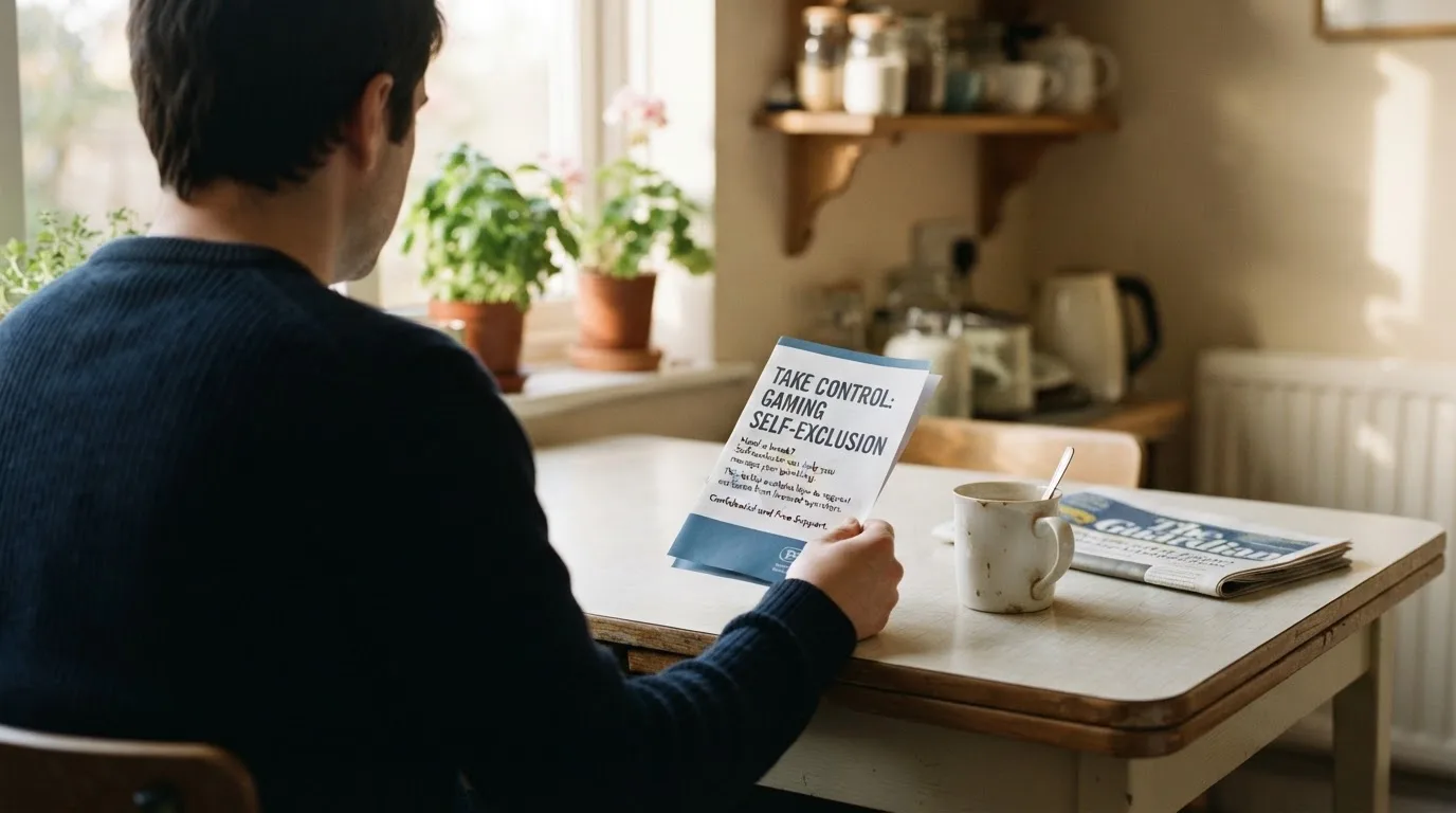 A person reading a self-exclusion leaflet at a kitchen table