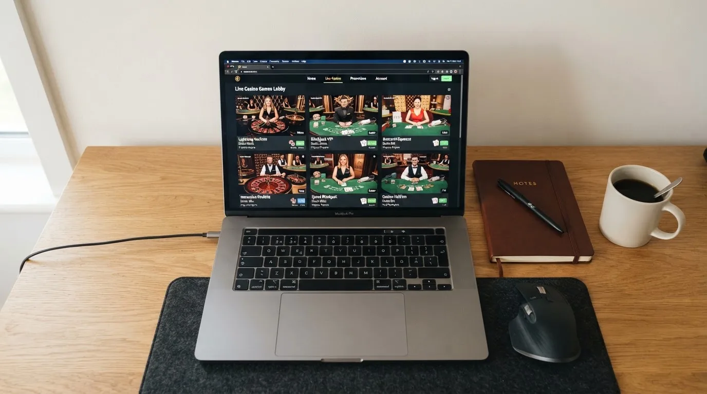 A laptop on a home desk showing a UK online casino comparison page open beside a notepad, with a laptop showing a live casino lobby with several table thumbnails visible in a browser tab list