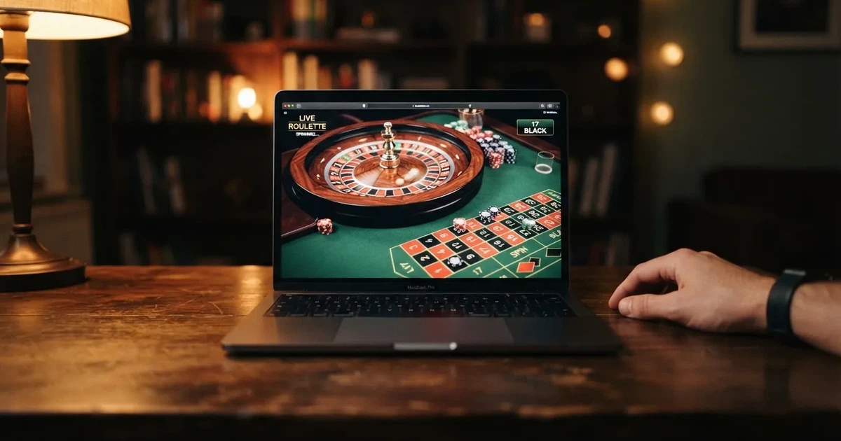 A live dealer roulette wheel streamed to a laptop screen