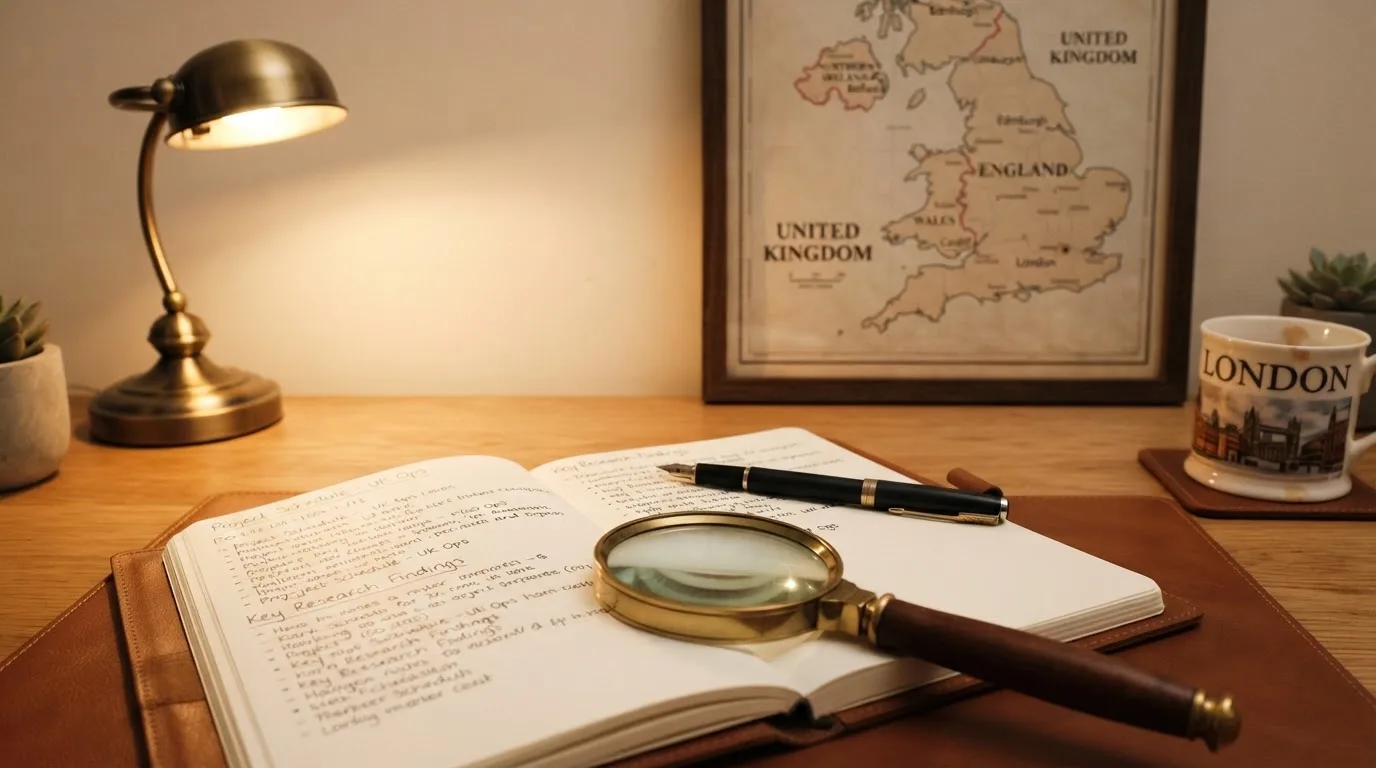 A magnifying glass held over a printed gambling licence certificate on a desk, with a UK map faintly visible in the background