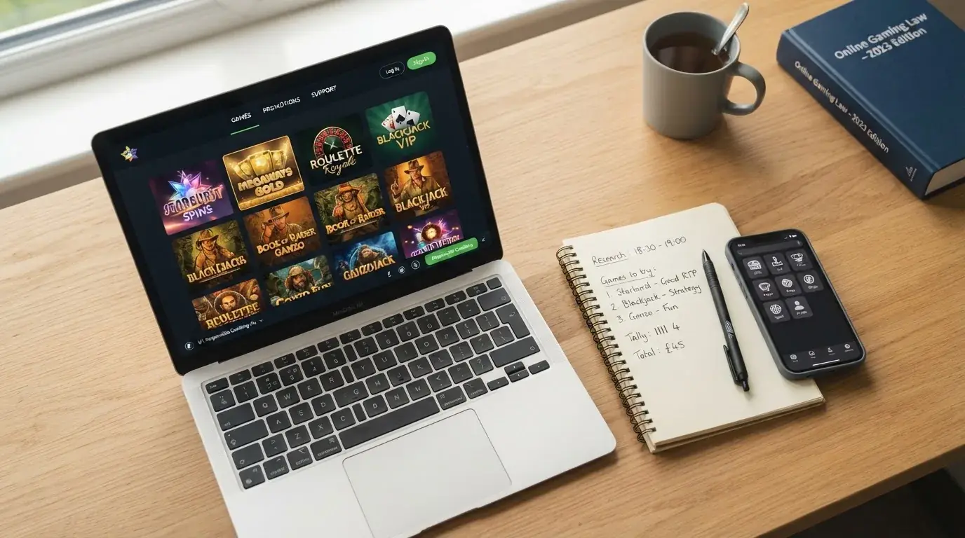 A laptop on a home desk showing a UK online casino comparison page open beside a notepad, with a mobile phone resting on a desk next to a casino app icon screen visible in a browser tab list